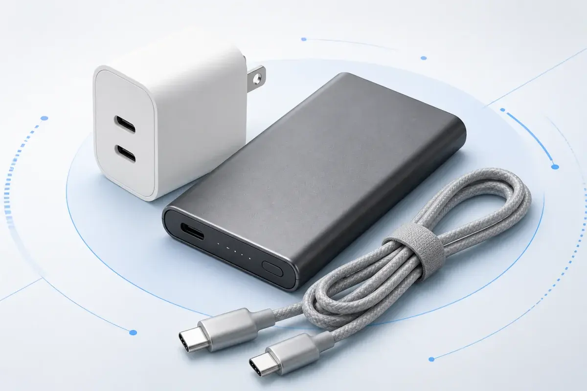 持ち歩き用のUSB充電器、モバイルバッテリー、USB-Cケーブル